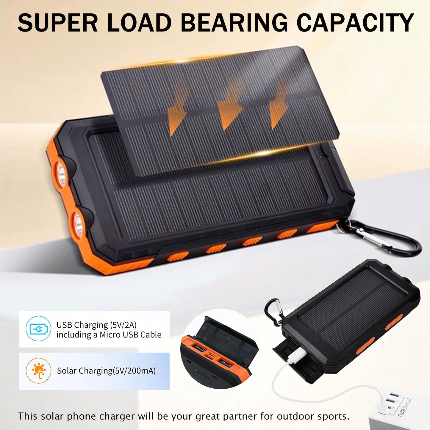 Waterproof Solar Power Bank  Dual 5V USB Ports With LED Flashlight Compass For Outdoor Use 2