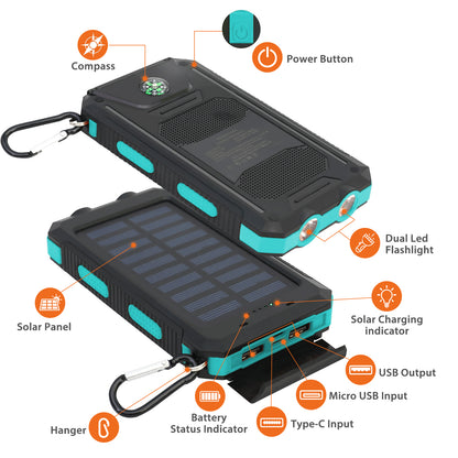 Waterproof Solar Power Bank  Dual 5V USB Ports With LED Flashlight Compass For Outdoor Use 4