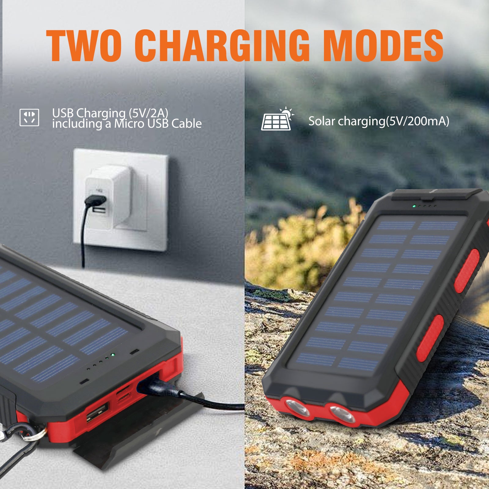 Waterproof Solar Power Bank  Dual 5V USB Ports With LED Flashlight Compass For Outdoor Use 5