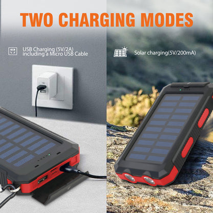 Waterproof Solar Power Bank  Dual 5V USB Ports With LED Flashlight Compass For Outdoor Use 5