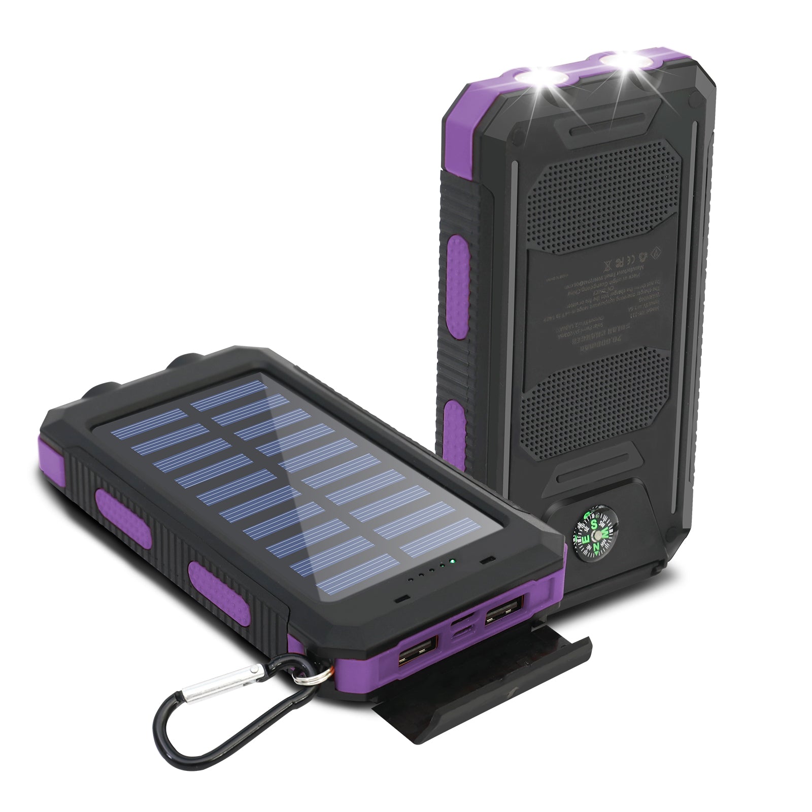 Waterproof Solar Power Bank , Dual 5V USB Ports with LED Flashlight, Compass for Outdoor Use
