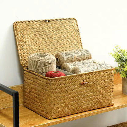 Hand-Woven Rattan Storage Box Set (3 Pcs) – Rectangular Wicker Baskets for Home Organization & Clothes Storage