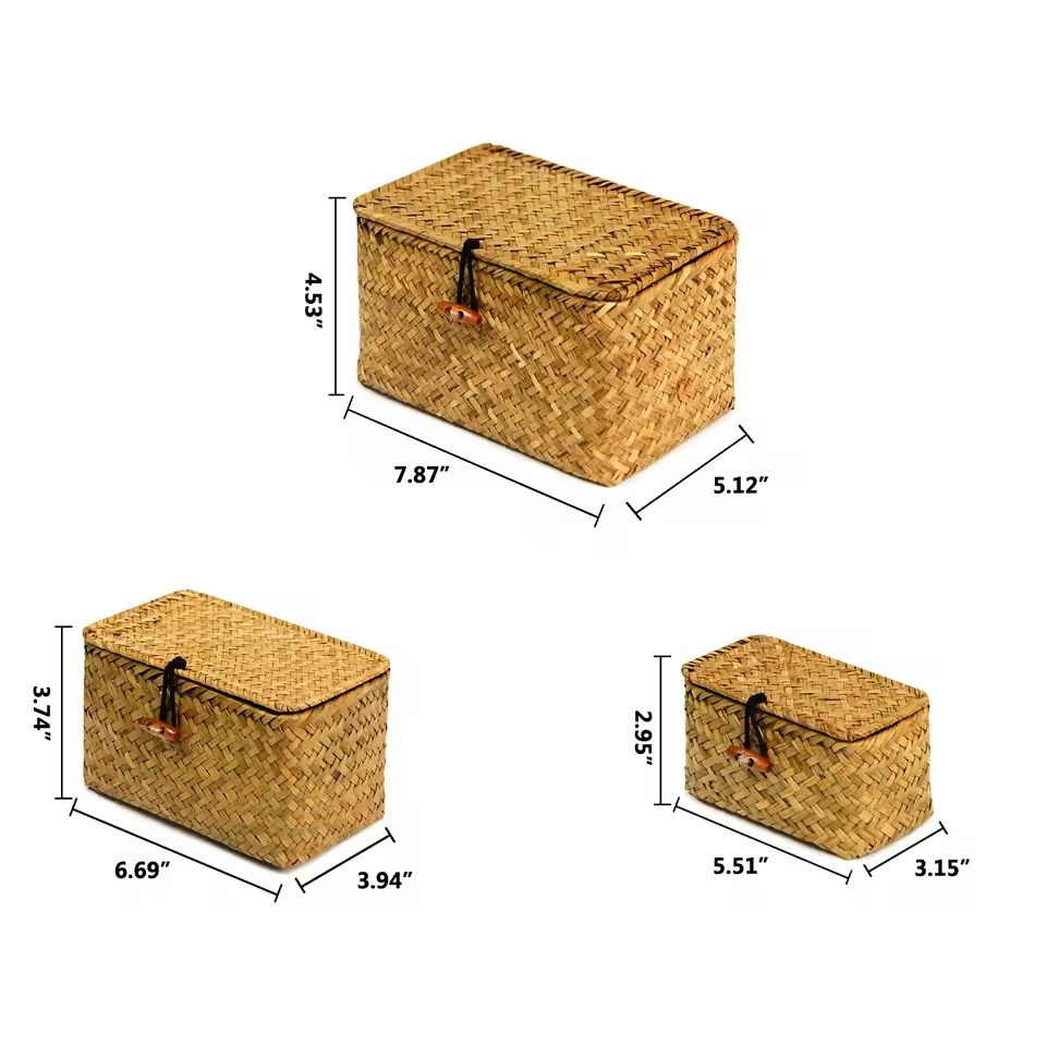HandWoven Rattan Storage Box Set 3 Pcs  Rectangular Wicker Baskets For Home Organization  Clothes S 3