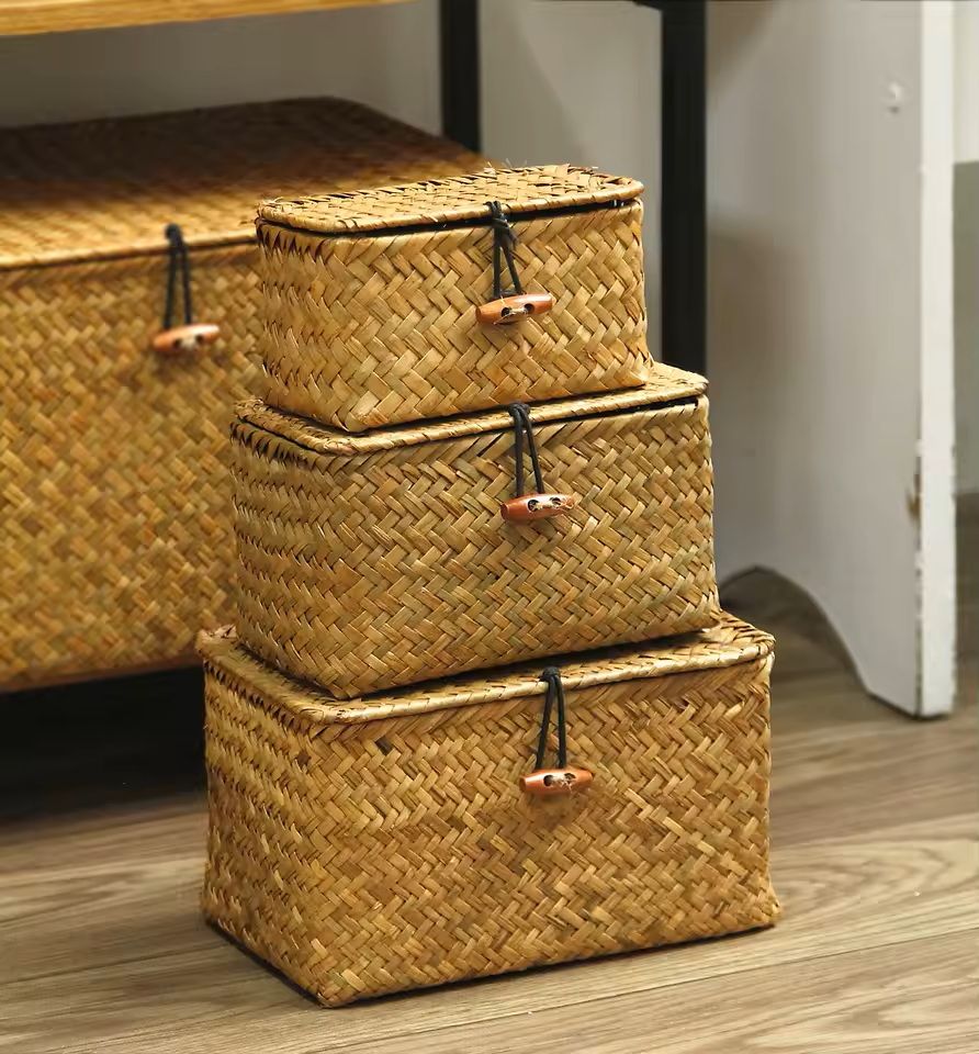 HandWoven Rattan Storage Box Set 3 Pcs  Rectangular Wicker Baskets For Home Organization  Clothes S 4