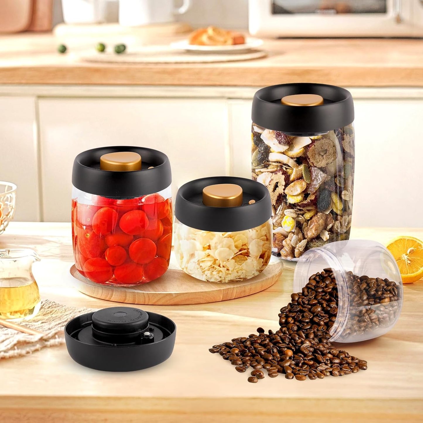 Coffee Beans Vacuum Sealed Tank, Transparent Glass Food Storage Jars, Moisture-proof Airtight Container