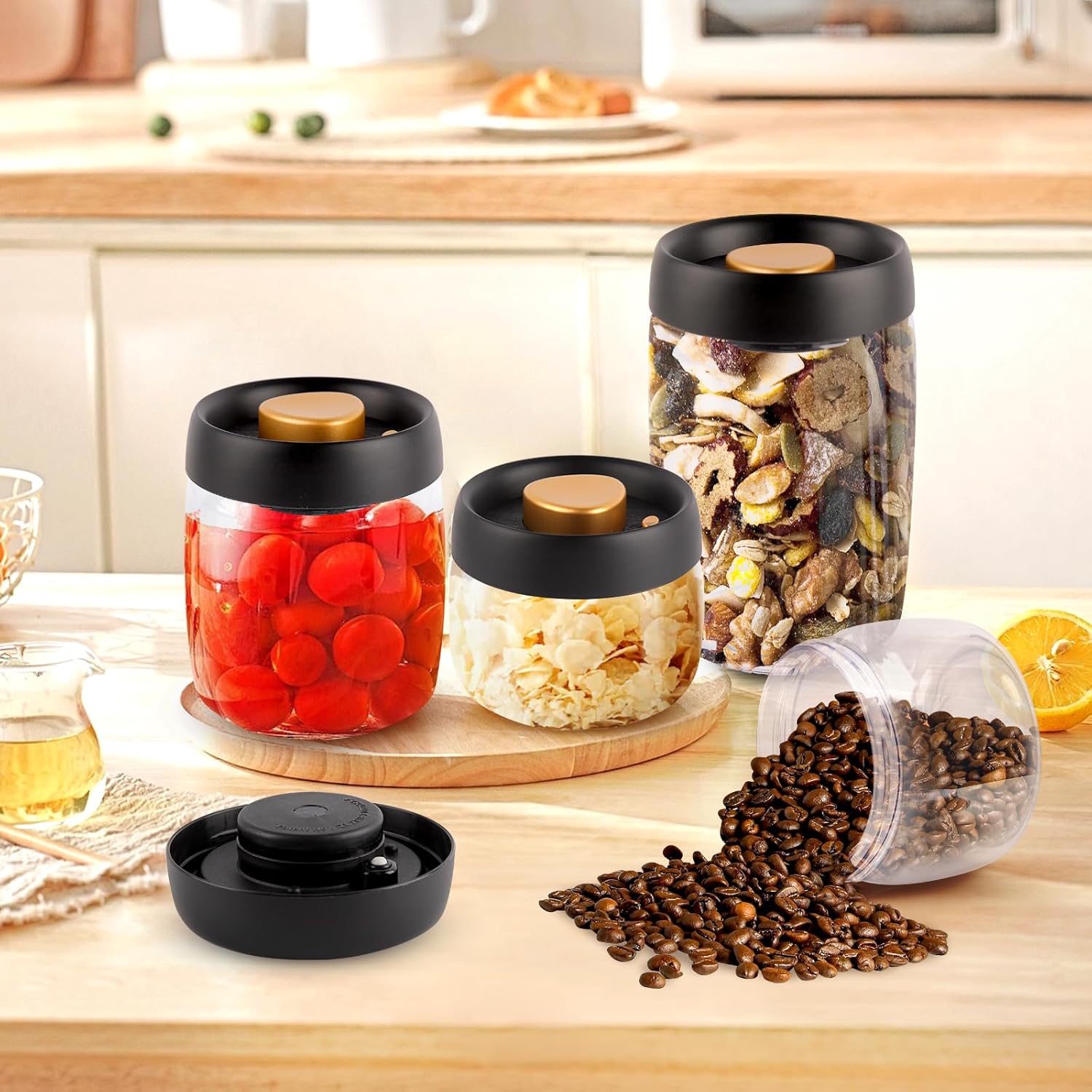 Coffee Beans Vacuum Sealed Tank, Transparent Glass Food Storage Jars, Moisture-proof Airtight Container