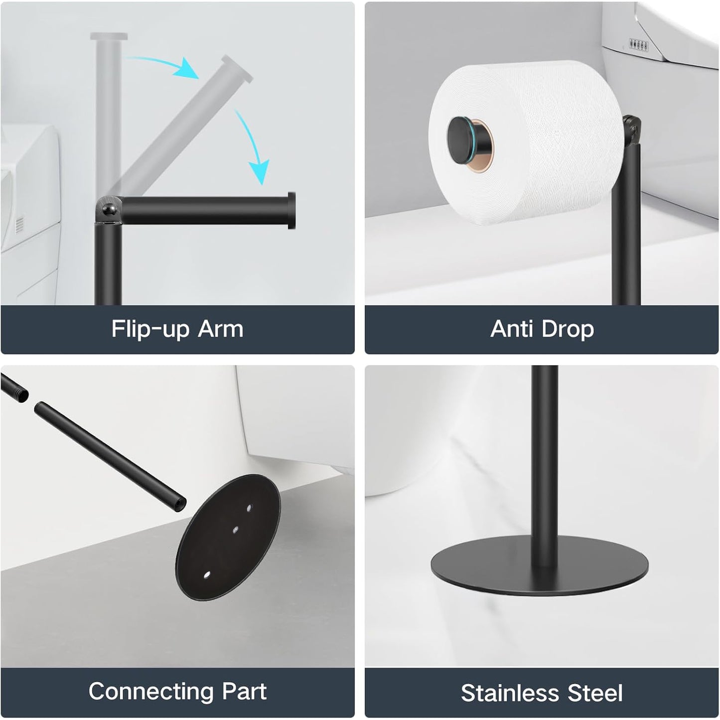 Stainless Steel Bathroom Toilet Paper Holder, Free Standing Tissue Roll Holder, Rustproof Paper Stand for Bathroom