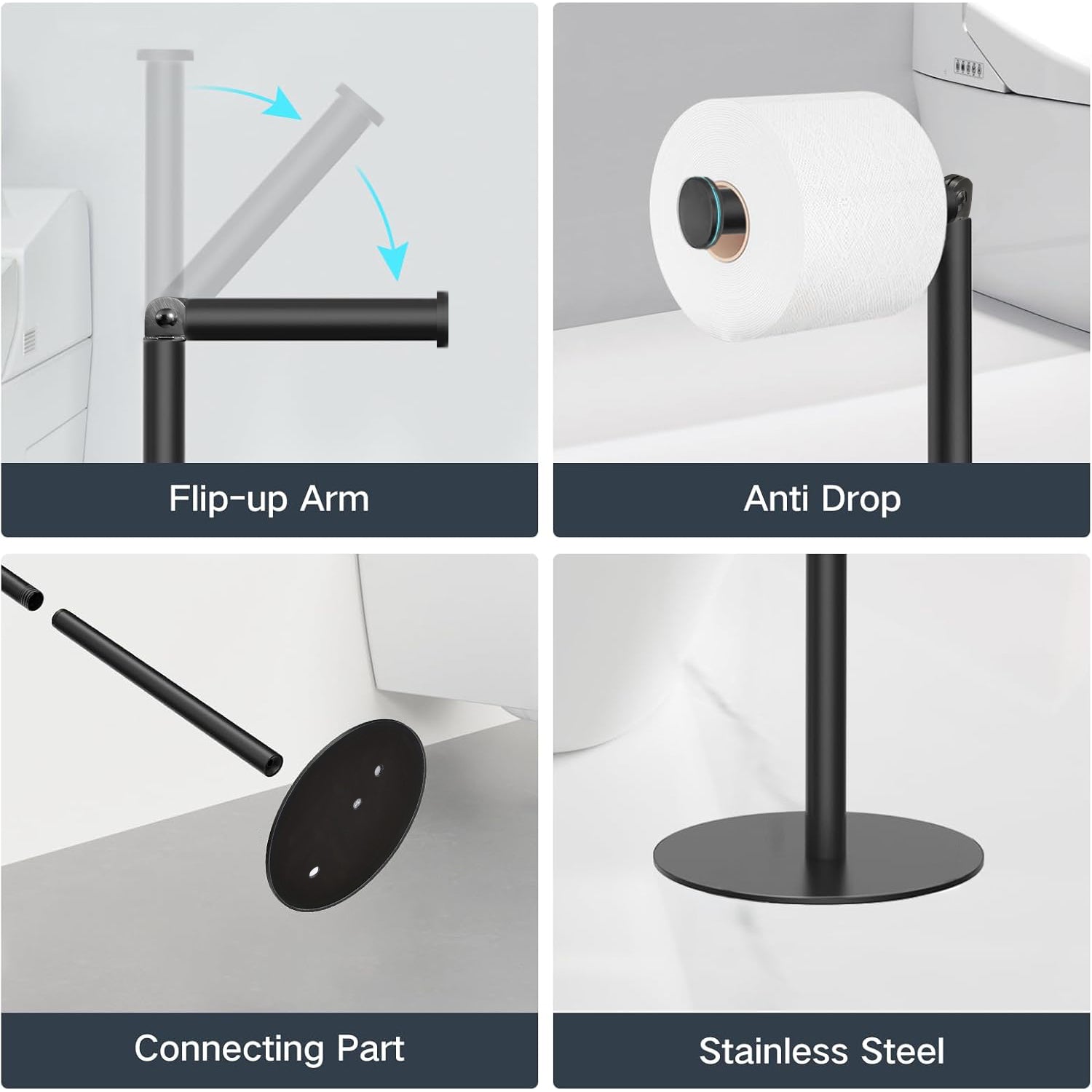 Stainless Steel Bathroom Toilet Paper Holder, Free Standing Tissue Roll Holder, Rustproof Paper Stand for Bathroom