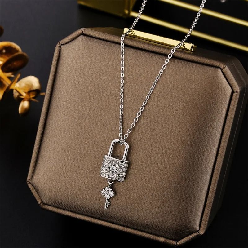 Zircon Crystal Lock And Key Pendant Necklace 7