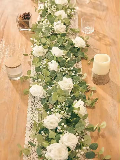 Evergreen Eucalyptus & Rose Garland – 5.9 ft Faux Floral Vine for Home, Wedding & Party Decor