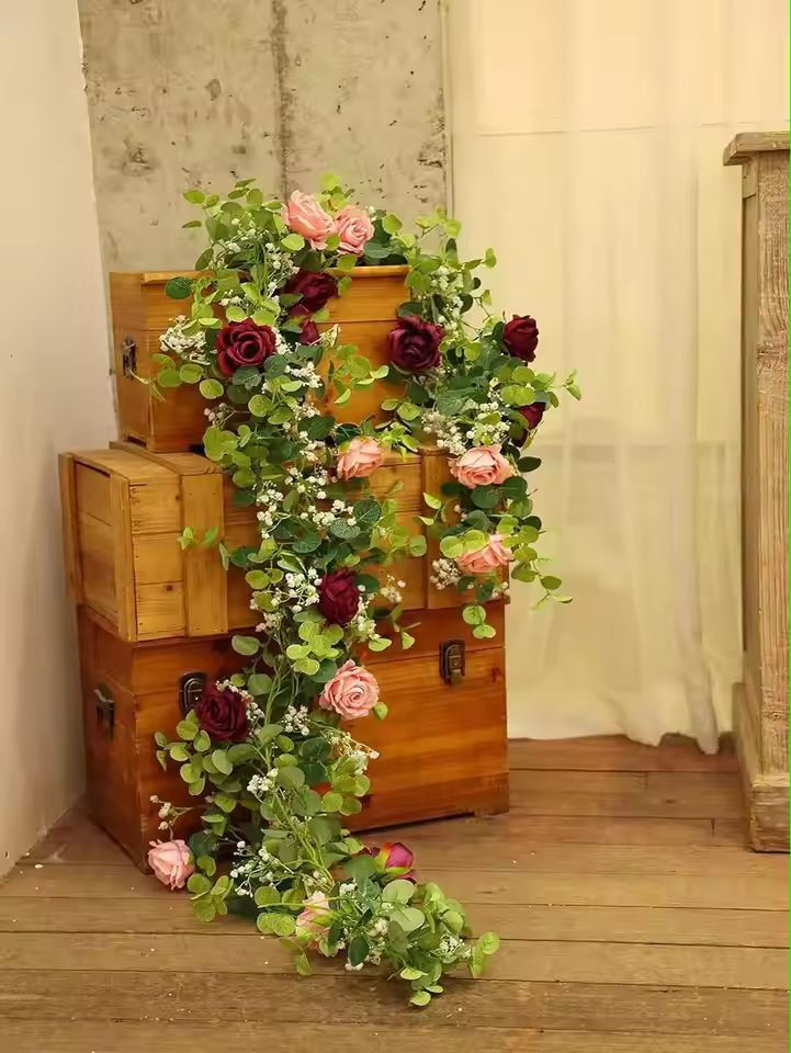 Evergreen Eucalyptus  Rose Garland  59 Ft Faux Floral Vine For Home Wedding  Party Decor 2