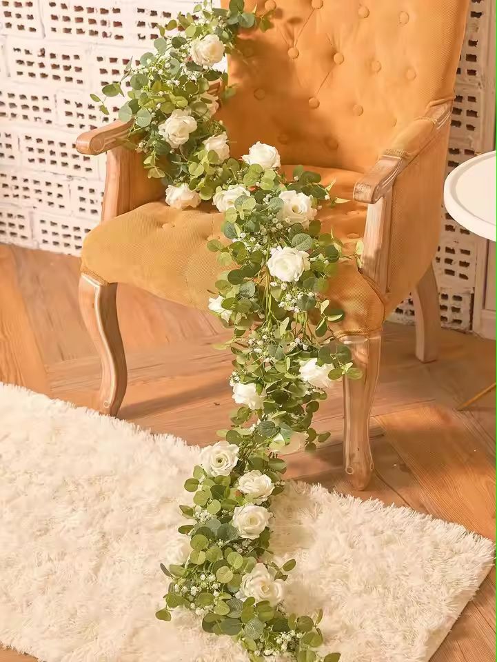 Evergreen Eucalyptus  Rose Garland  59 Ft Faux Floral Vine For Home Wedding  Party Decor 3