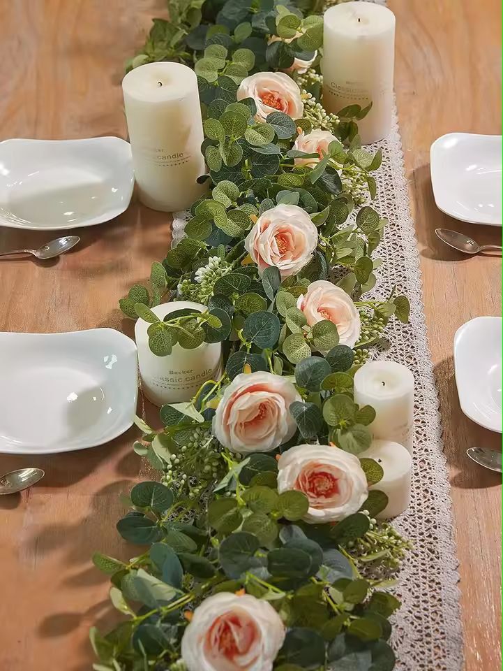Evergreen Eucalyptus  Rose Garland  59 Ft Faux Floral Vine For Home Wedding  Party Decor 8