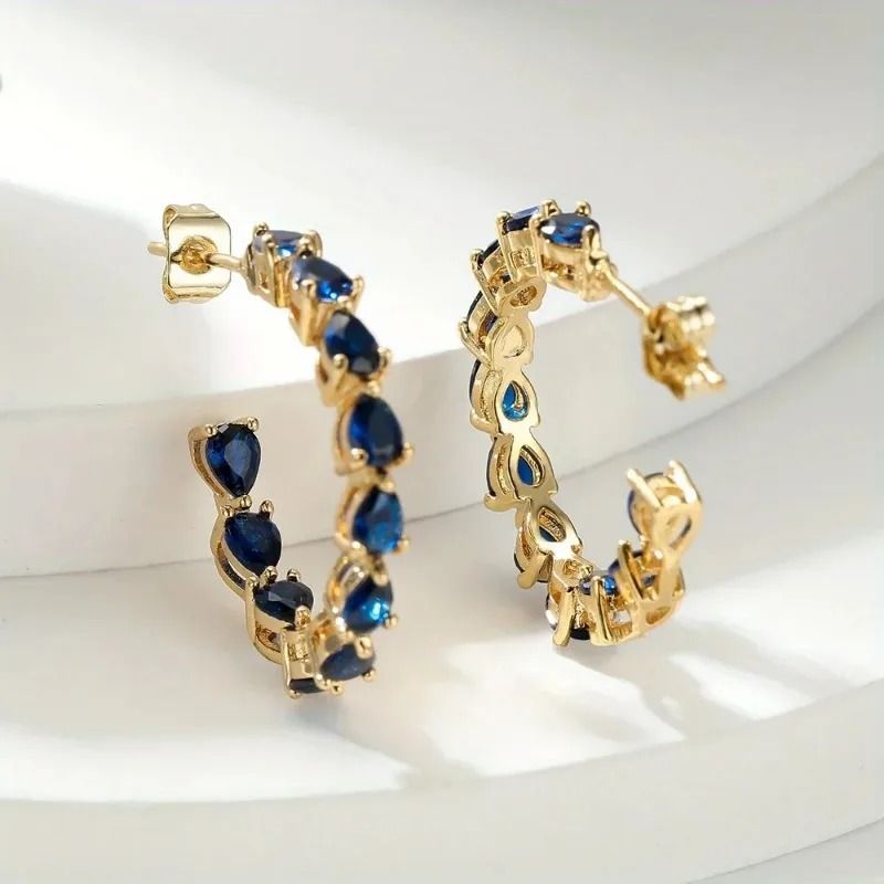 Blue Teardrop Zirconia Inlaid Gold Color Earrings Elegant Women Jewelry 1
