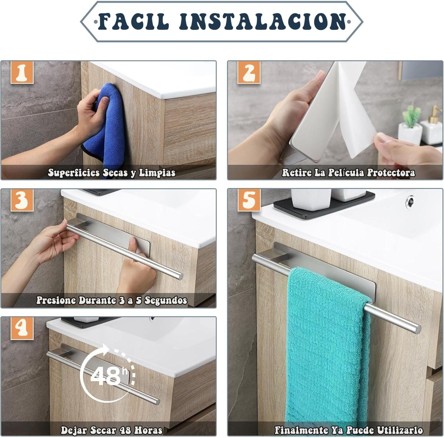 Stainless Steel Wallmounted Towel Holder Bathroom Towel Rail Adhesive Towel Hanger 4