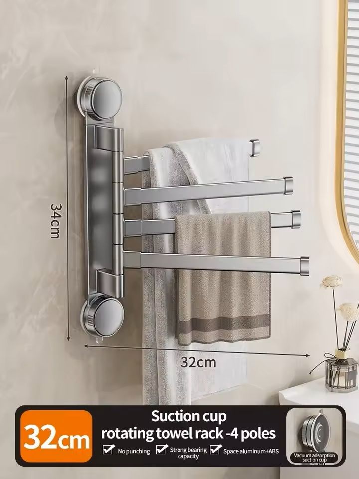 Suction Cup Rotating Multi-Bar Towel Rack No-Drill Folding Bathroom & Kitchen Organizer