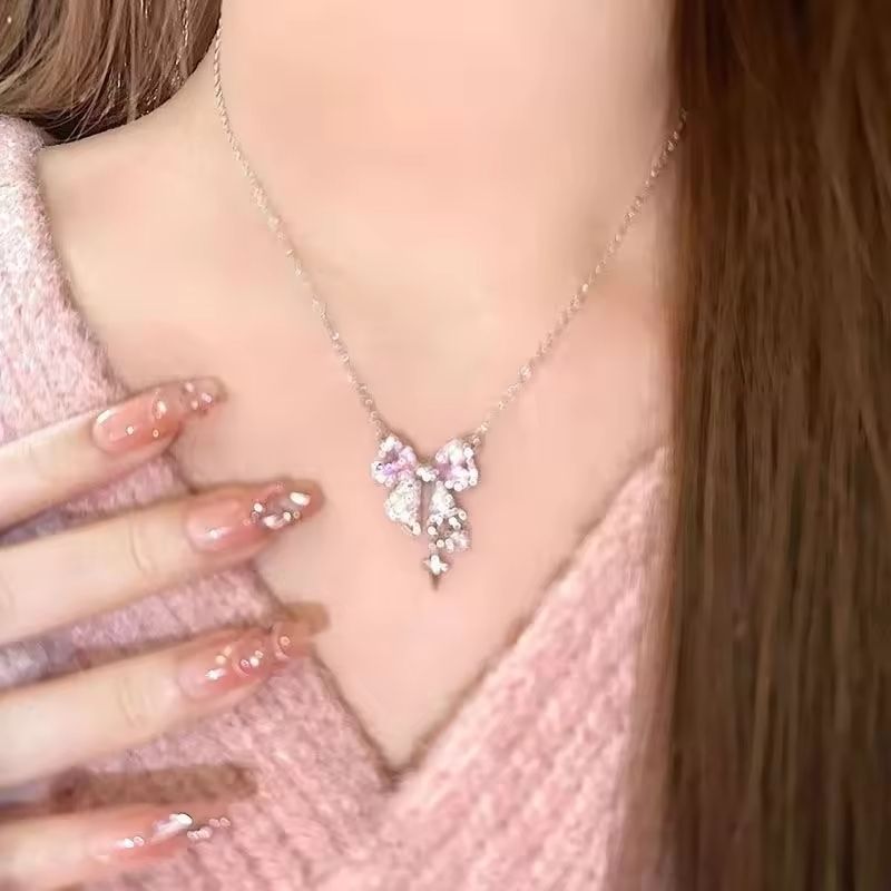 Sweet Pink Bow Pendant Necklace 5