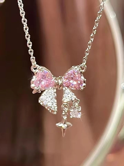 Sweet Pink Bow Pendant Necklace 6