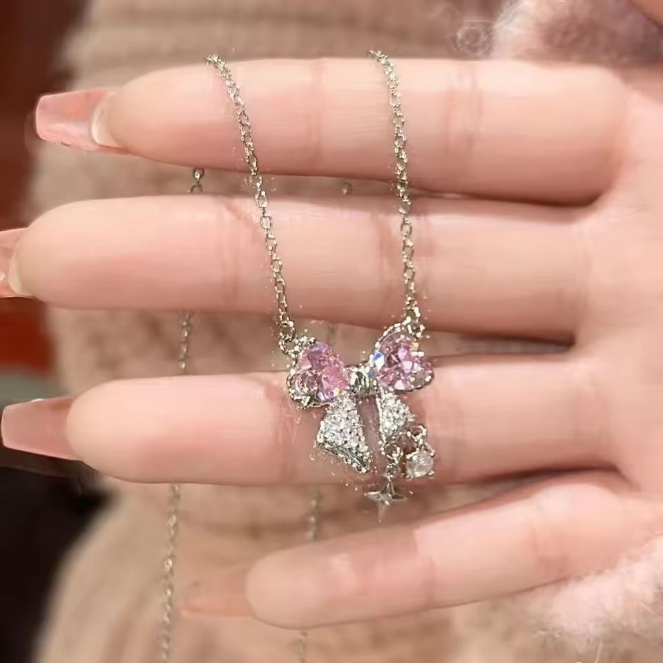 Sweet Pink Bow Pendant Necklace 7