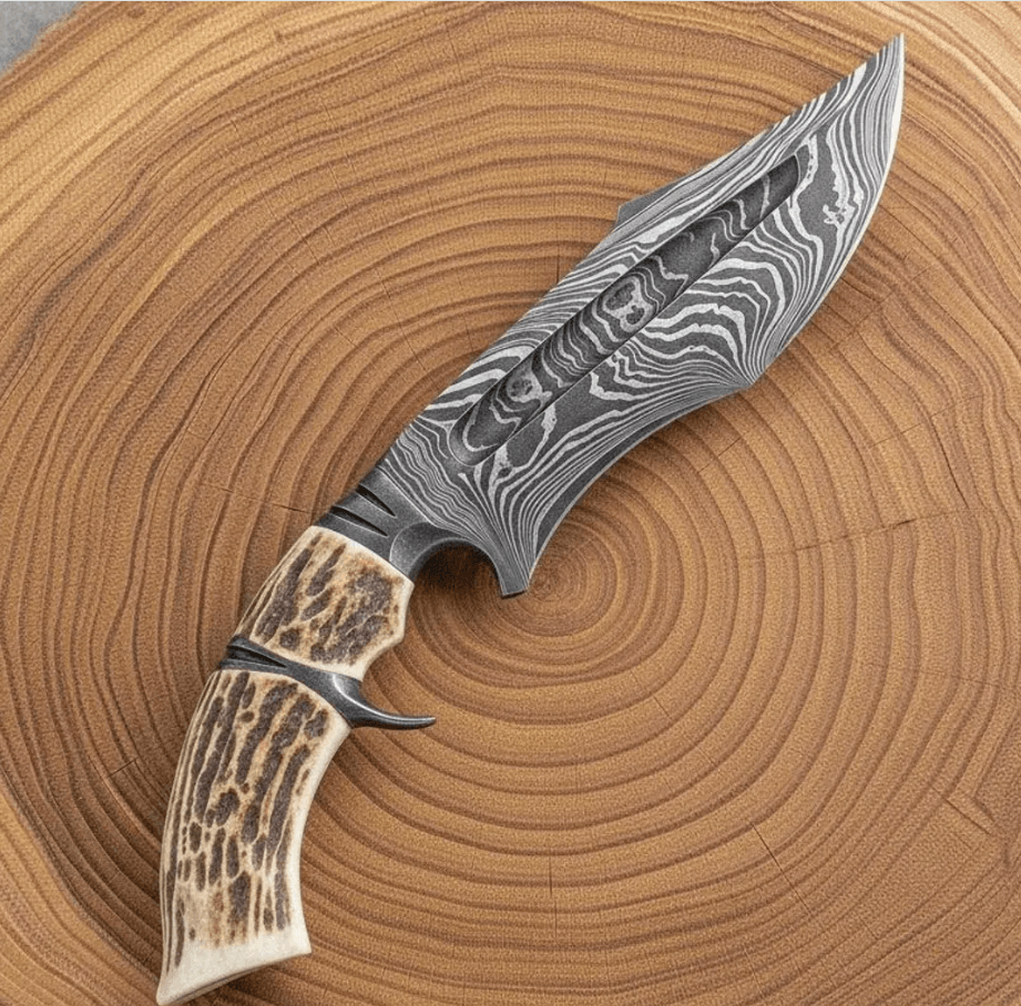 Handmade Damascus Bowie Knife  Stag Antler Handle  Full Tang Survival  Hunting Knife  Hunter Gift   3