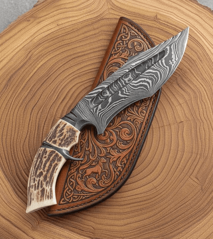 Damascus Bowie Knife | Stag Antler Handle | Full Tang Survival & Hunting Knife with Leather Sheath