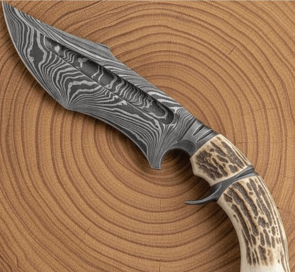 Handmade Damascus Bowie Knife  Stag Antler Handle  Full Tang Survival  Hunting Knife With Leather S 1