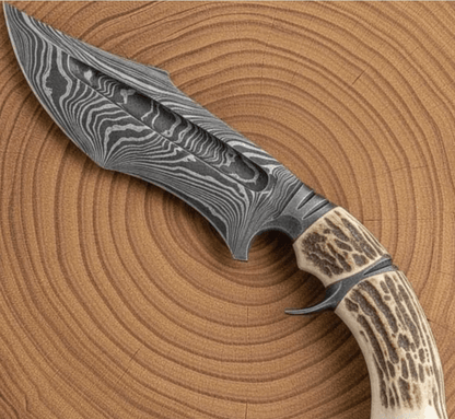 Handmade Damascus Bowie Knife  Stag Antler Handle  Full Tang Survival  Hunting Knife With Leather S 1
