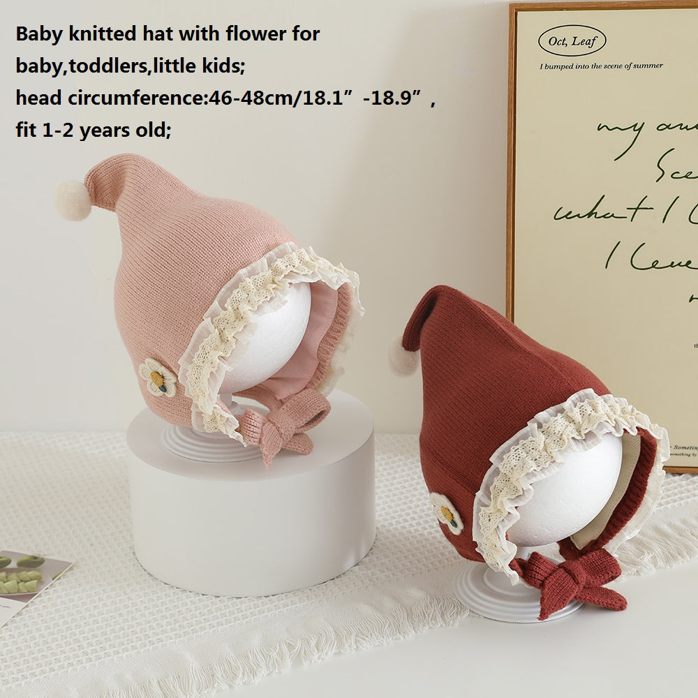 Warm Winter Baby Hat with Lace Brim Pompom Flower for Girls Outdoor Protection Cap