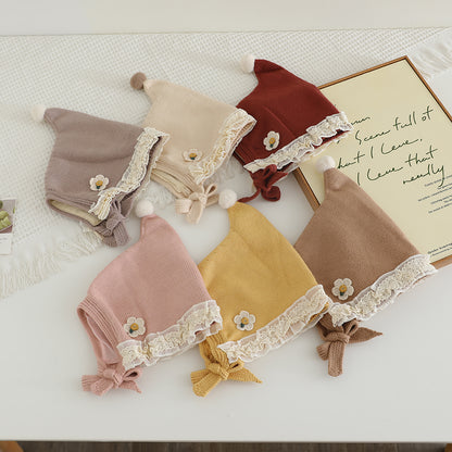 Warm Winter Baby Hat with Lace Brim Pompom Flower for Girls Outdoor Protection Cap