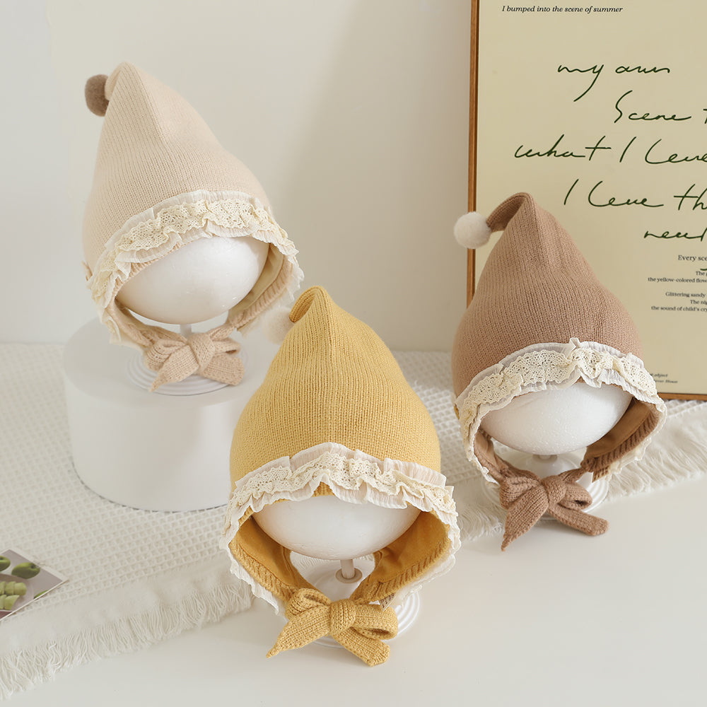 Warm Winter Baby Hat with Lace Brim Pompom Flower for Girls Outdoor Protection Cap