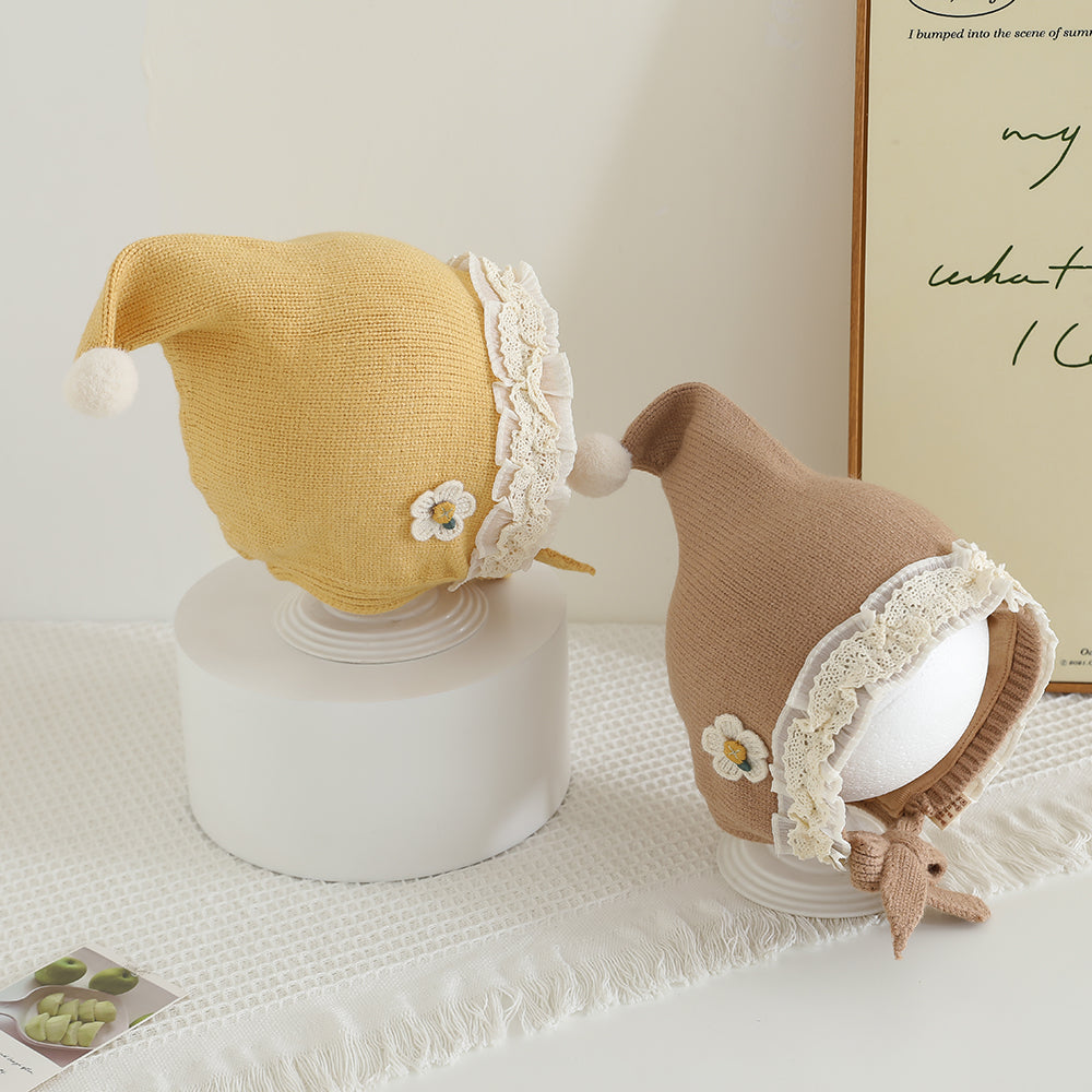 Warm Winter Baby Hat with Lace Brim Pompom Flower for Girls Outdoor Protection Cap