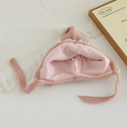 Warm Winter Baby Hat with Lace Brim Pompom Flower for Girls Outdoor Protection Cap