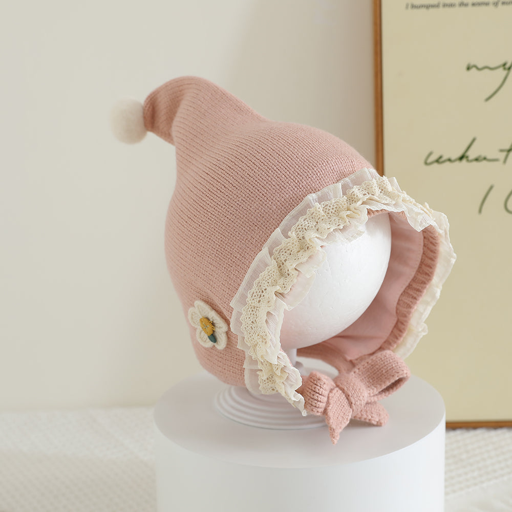 Warm Winter Baby Hat with Lace Brim Pompom Flower for Girls Outdoor Protection Cap