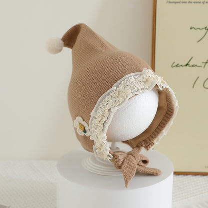Warm Winter Baby Hat with Lace Brim Pompom Flower for Girls Outdoor Protection Cap