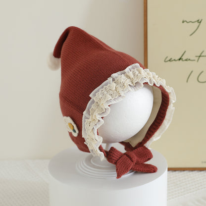 Warm Winter Baby Hat with Lace Brim Pompom Flower for Girls Outdoor Protection Cap