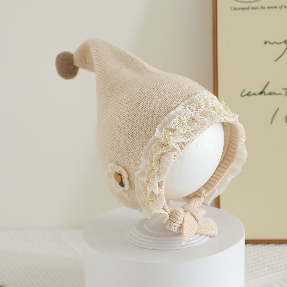 Warm Winter Baby Hat with Lace Brim Pompom Flower for Girls Outdoor Protection Cap