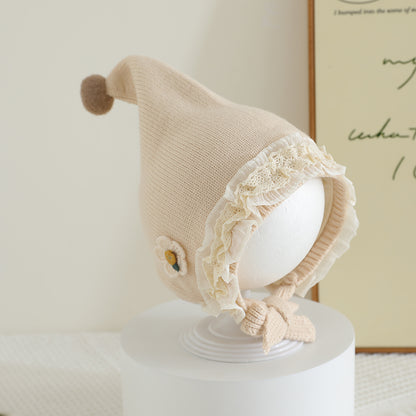 Warm Winter Baby Hat with Lace Brim Pompom Flower for Girls Outdoor Protection Cap
