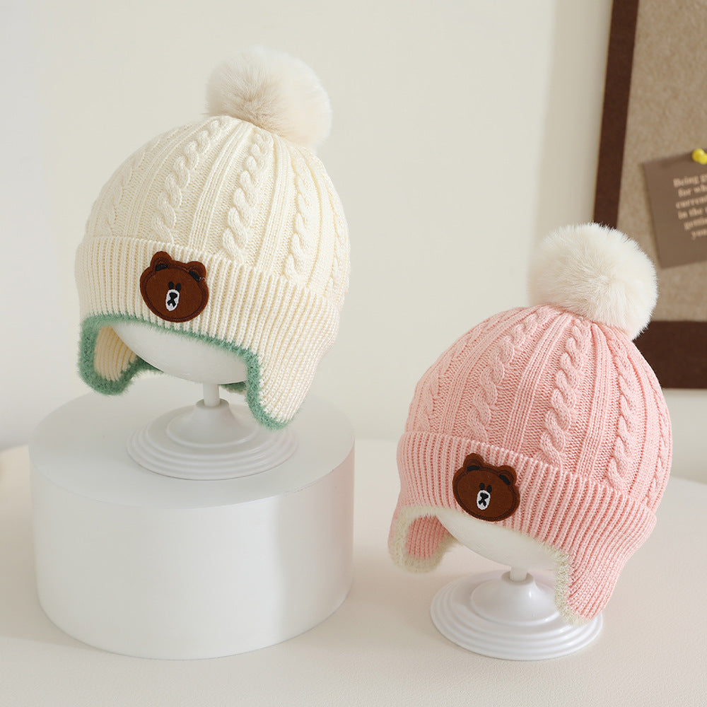 New Knitted Baby Hat Autumn Winter Girls Boys Toddler Bear Pompom Hat Outdoor Warm Ear Protection H 3