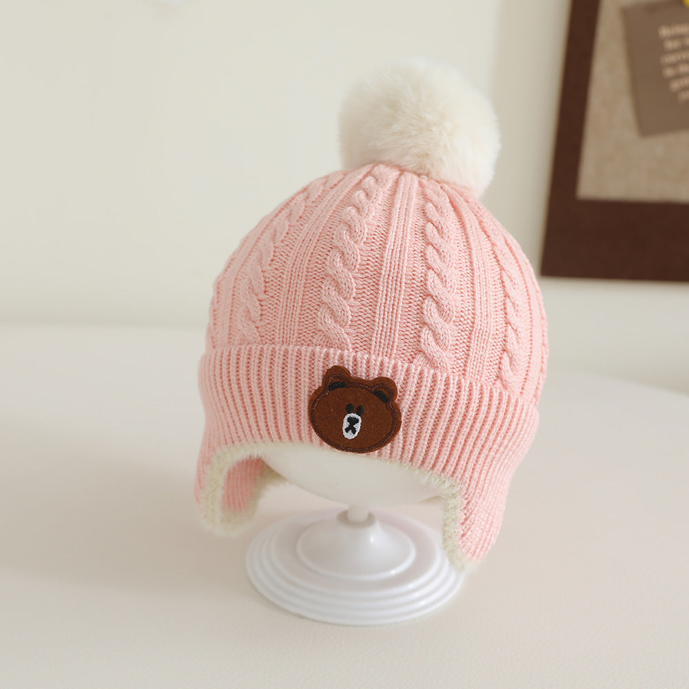 New Knitted Baby Hat Autumn Winter Girls Boys Toddler Bear Pompom Hat Outdoor Warm Ear Protection H 8