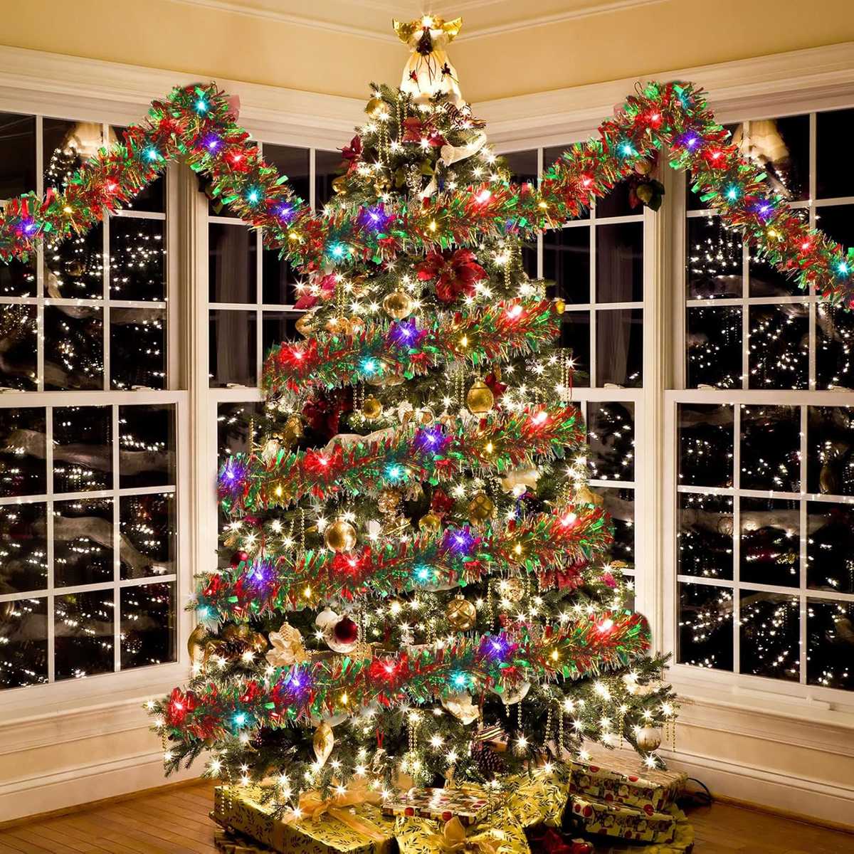 Christmas Tinsel Garland With LED Lights, Metallic Shiny Garland, Thick Tree Garland for Home Decor