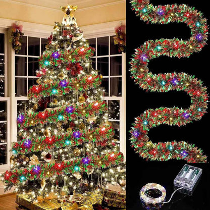 Christmas Tinsel Garland With LED Lights, Metallic Shiny Garland, Thick Tree Garland for Home Decor