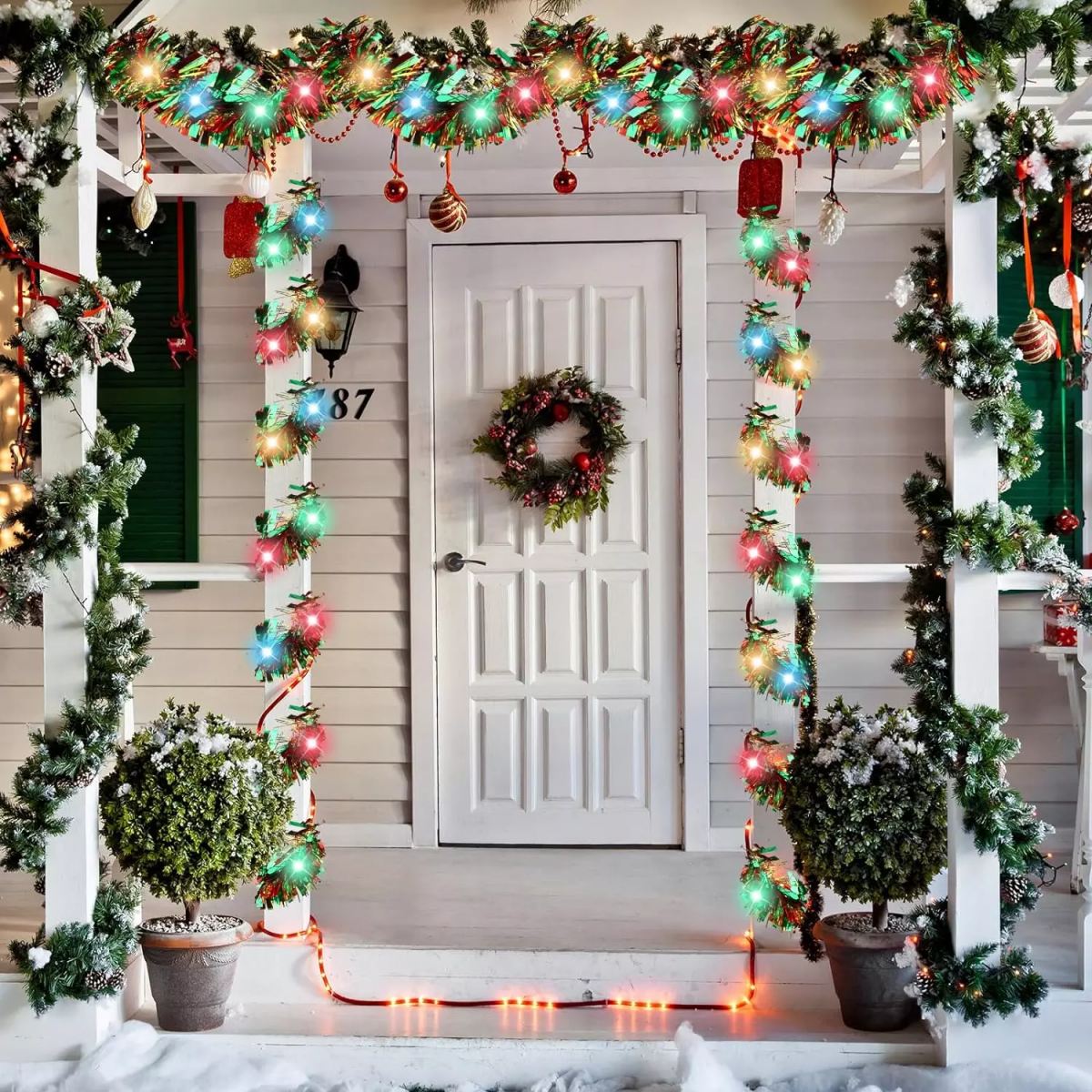 Christmas Tinsel Garland With LED Lights, Metallic Shiny Garland, Thick Tree Garland for Home Decor