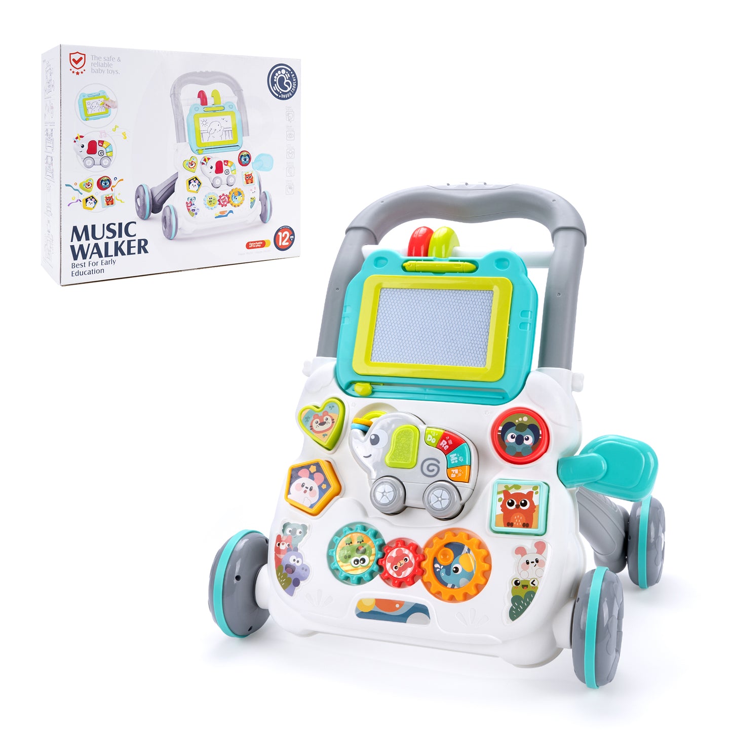 Multifunction Baby Cartoon Push Walker Toy with Music Drawing Board, Toddler Learning Walk Walker