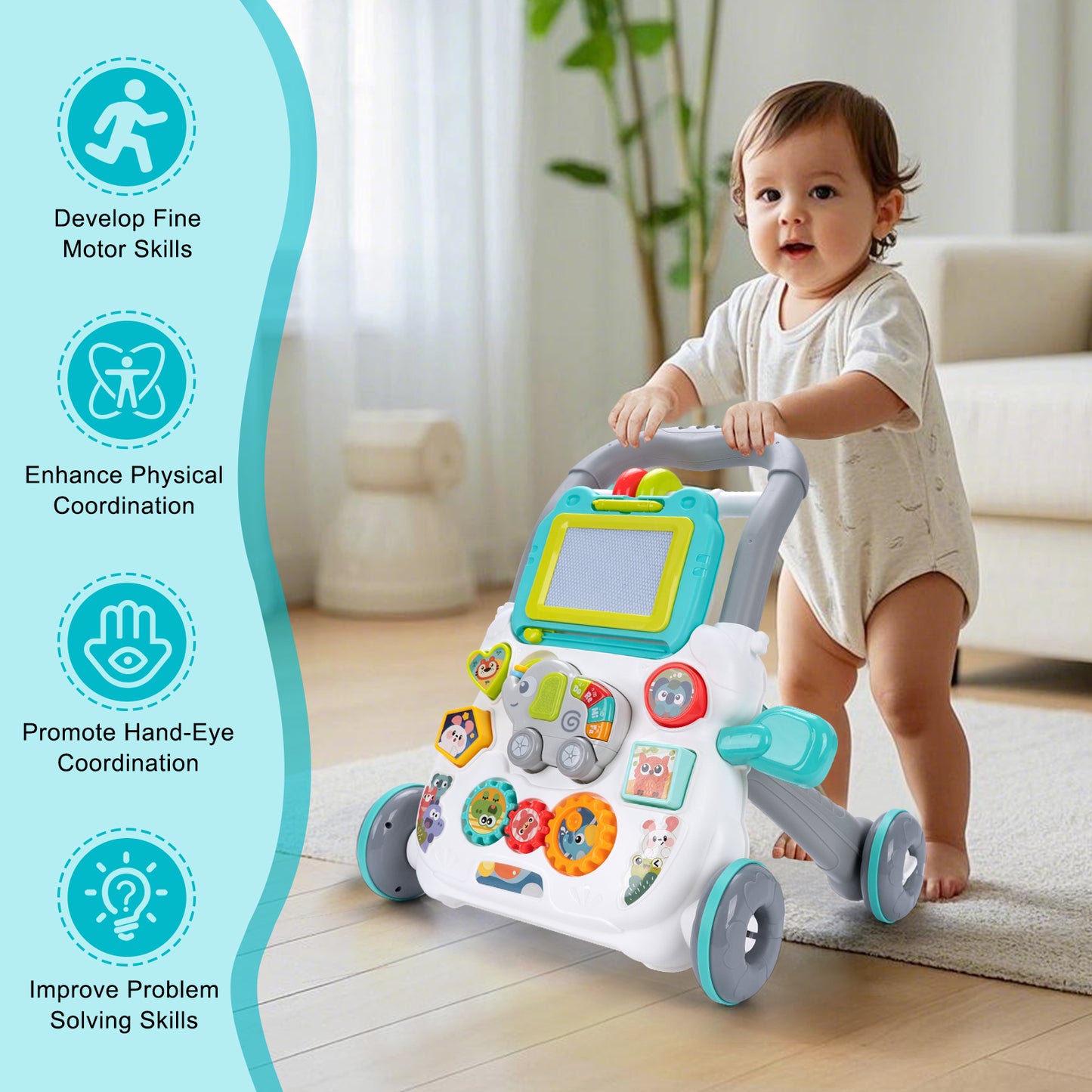 Multifunction Baby Cartoon Push Walker Toy With Music Drawing Board Toddler Learning Walk Walker 2