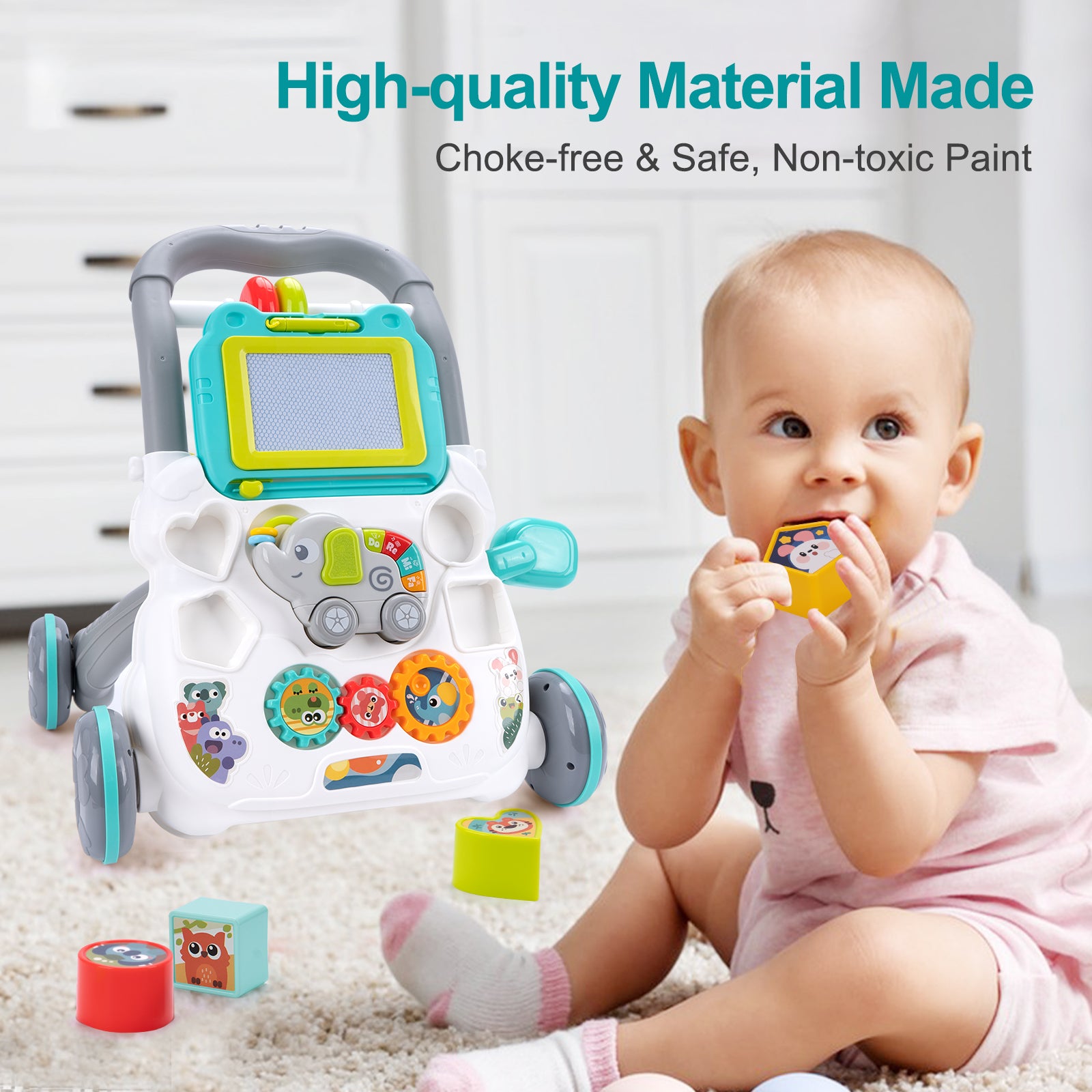 Multifunction Baby Cartoon Push Walker Toy With Music Drawing Board Toddler Learning Walk Walker 5