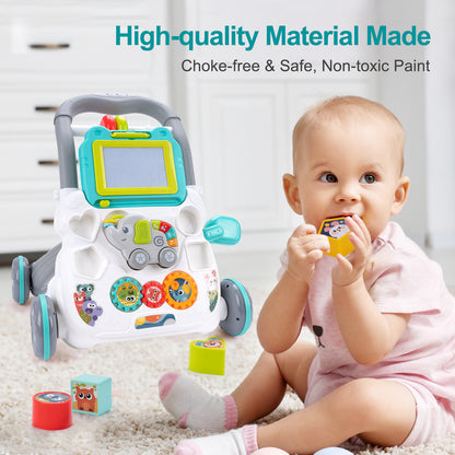 Multifunction Baby Cartoon Push Walker Toy With Music Drawing Board Toddler Learning Walk Walker 5