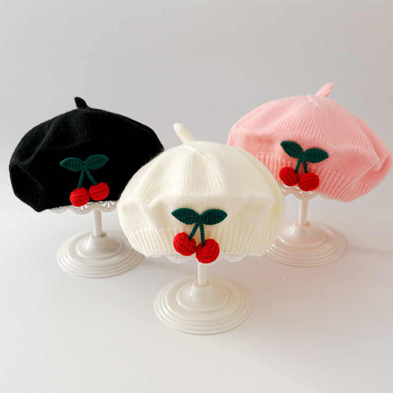 Winter Warm Woolen Crochet Bonnet, Cute Cherry Baby Knit Beret, Toddler Artist Painter Cap, Kids Beanies