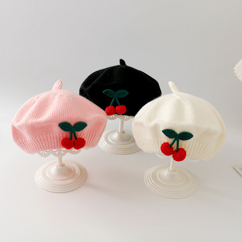 Winter Warm Woolen Crochet Bonnet, Cute Cherry Baby Knit Beret, Toddler Artist Painter Cap, Kids Beanies