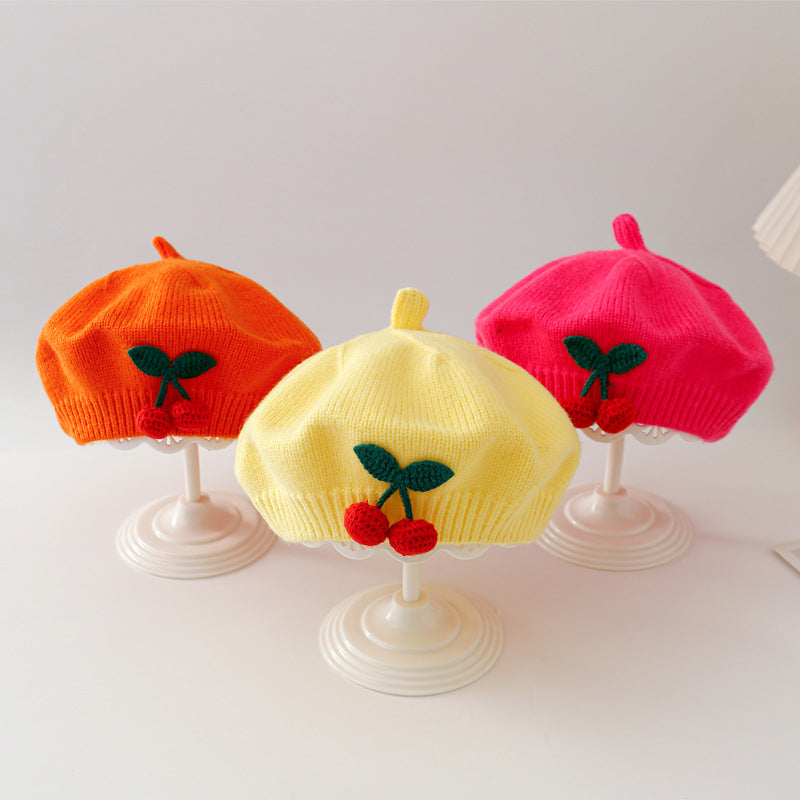 Winter Warm Woolen Crochet Bonnet, Cute Cherry Baby Knit Beret, Toddler Artist Painter Cap, Kids Beanies