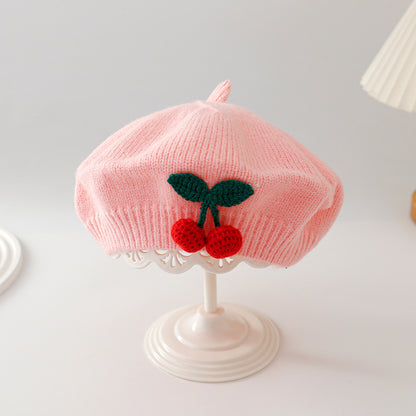 Winter Warm Woolen Crochet Bonnet, Cute Cherry Baby Knit Beret, Toddler Artist Painter Cap, Kids Beanies